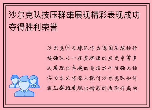 沙尔克队技压群雄展现精彩表现成功夺得胜利荣誉