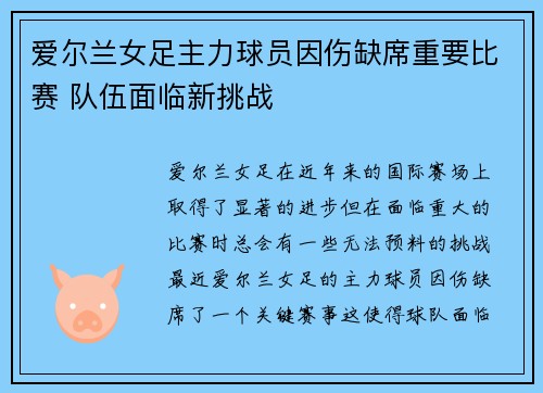 爱尔兰女足主力球员因伤缺席重要比赛 队伍面临新挑战