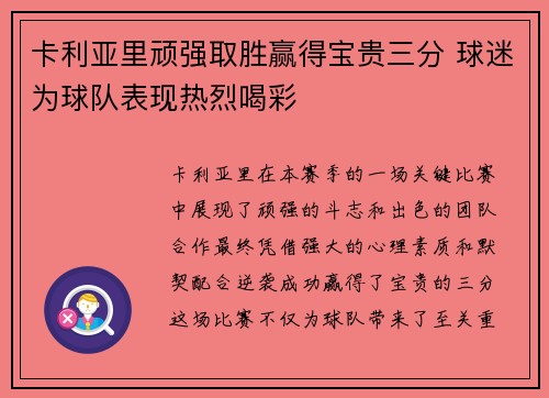 卡利亚里顽强取胜赢得宝贵三分 球迷为球队表现热烈喝彩