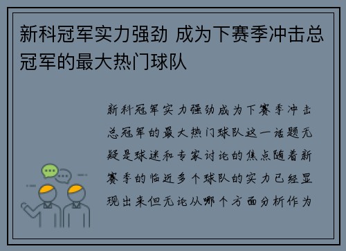 新科冠军实力强劲 成为下赛季冲击总冠军的最大热门球队