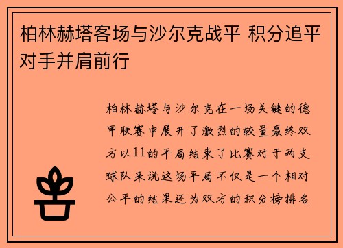 柏林赫塔客场与沙尔克战平 积分追平对手并肩前行