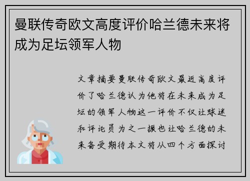 曼联传奇欧文高度评价哈兰德未来将成为足坛领军人物