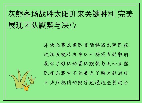 灰熊客场战胜太阳迎来关键胜利 完美展现团队默契与决心